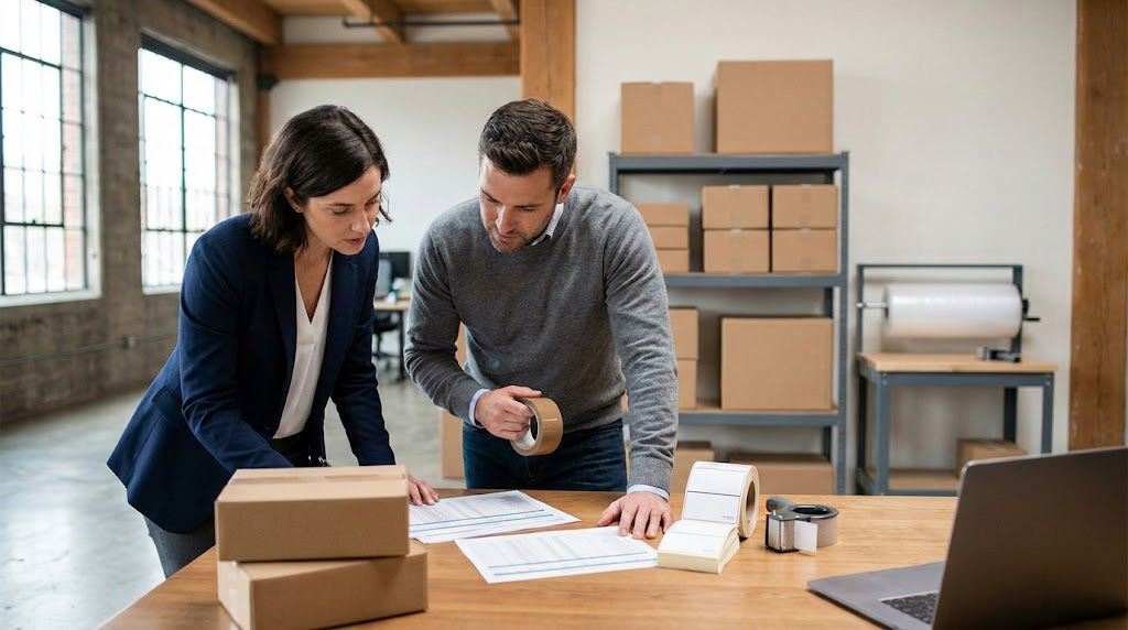 Business team reviewing e-commerce order processing and fulfillment workflow for online stores