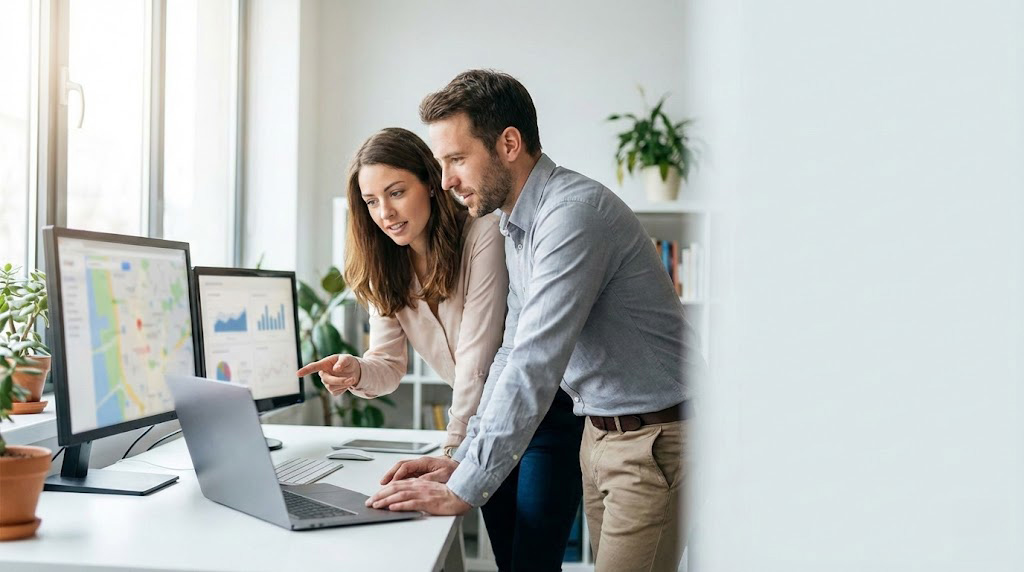 Business team analyzing local SEO performance and Google Maps business listings in 2026