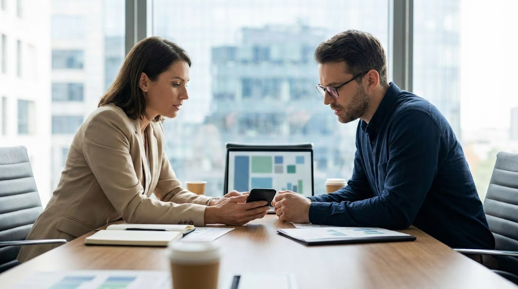 Business professionals discussing mobile app development strategy and digital product decisions in 2026