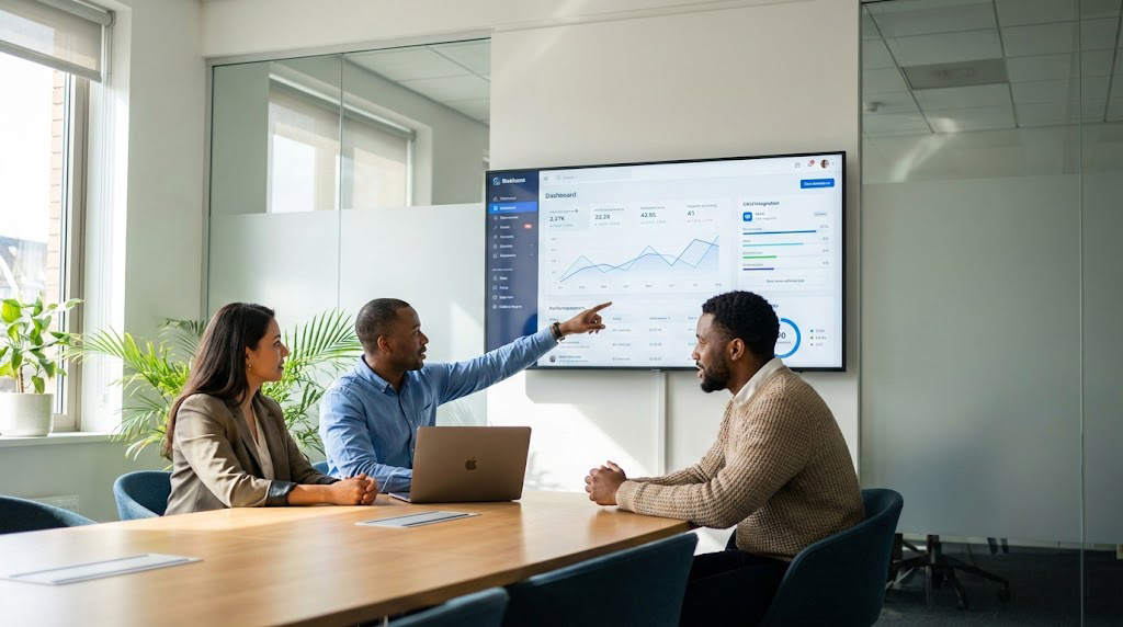 Business team discussing web development strategy and real business dashboards in 2026