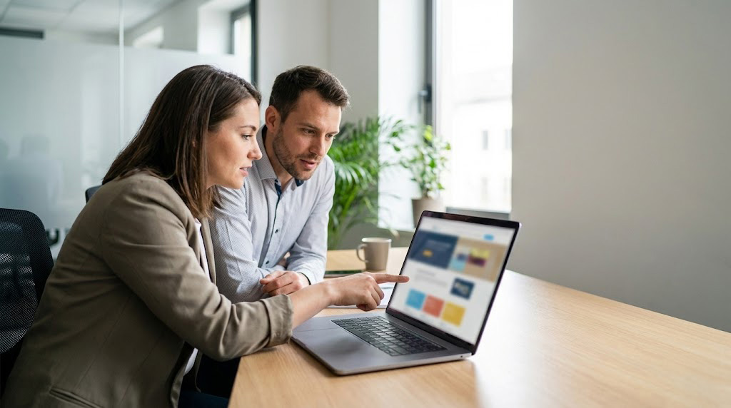 Business professionals reviewing common website design mistakes and usability issues