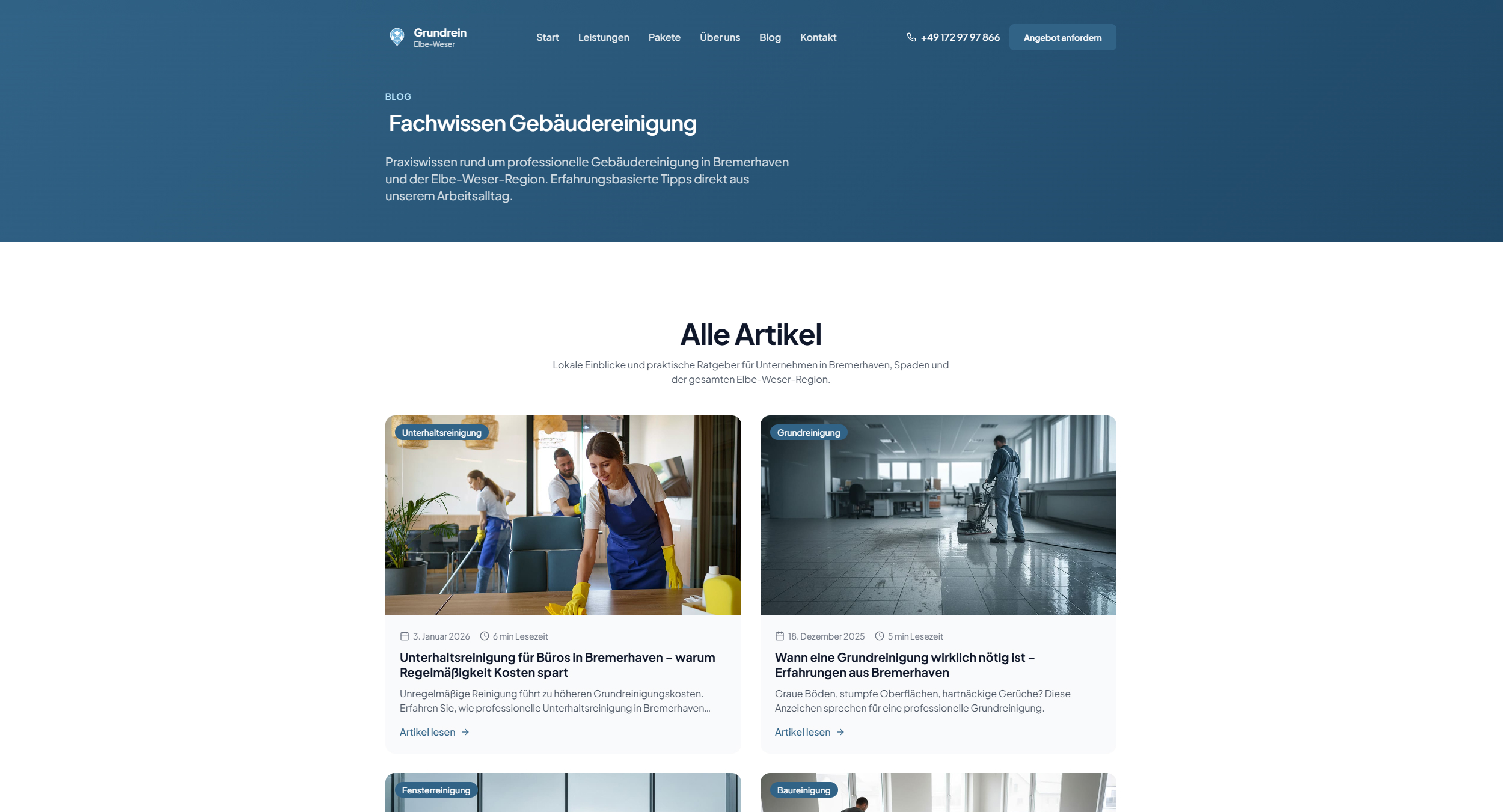 Blog overview with categorized posts and expert tips about commercial cleaning.