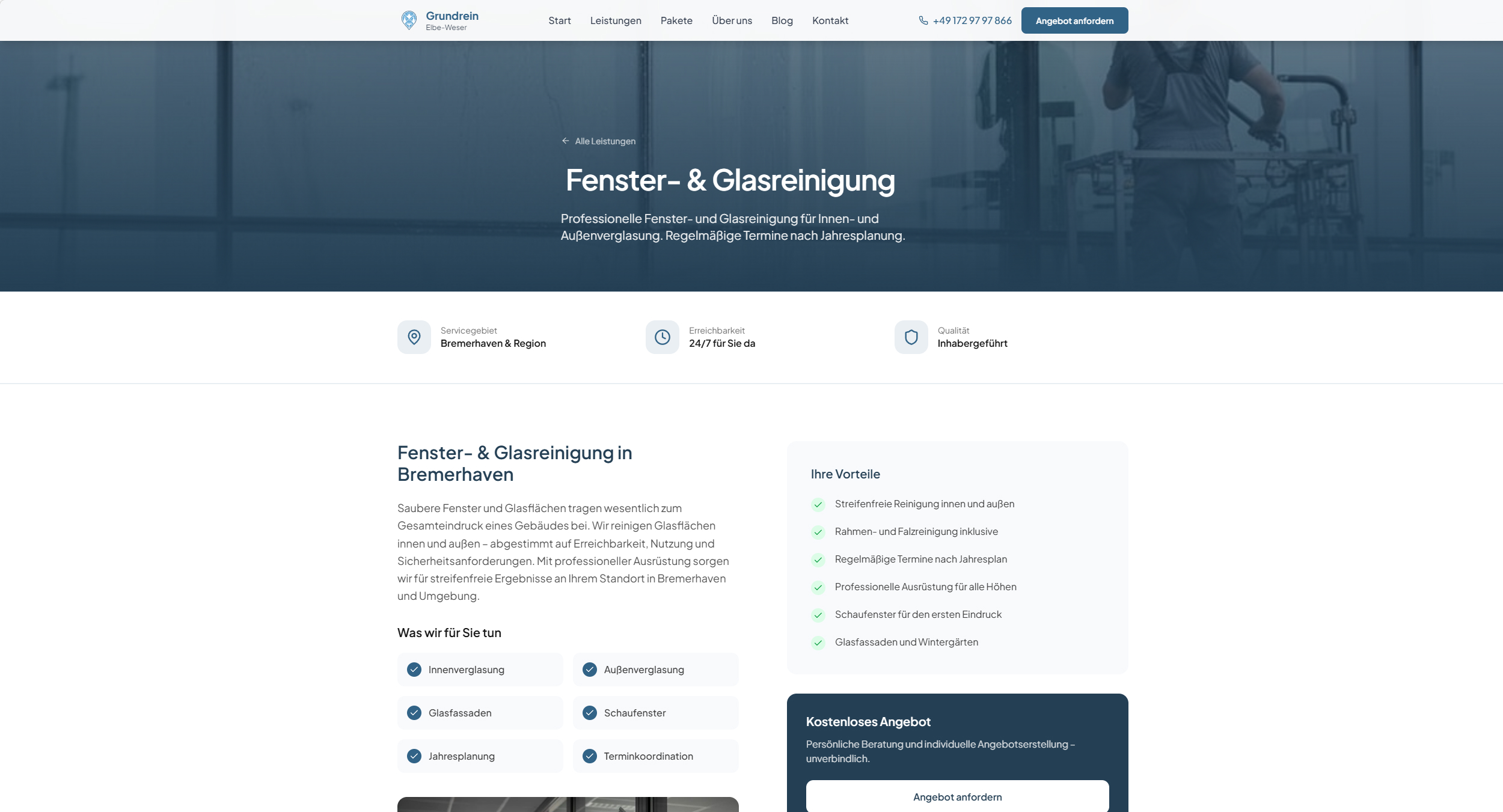 Window & glass cleaning service page with key benefits, service details, and a quote form.