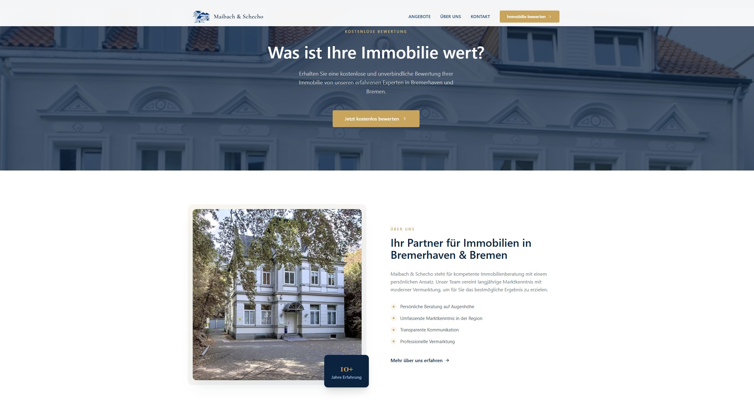 CTA section for a free property valuation with a clear button — followed by the "About us" section below.