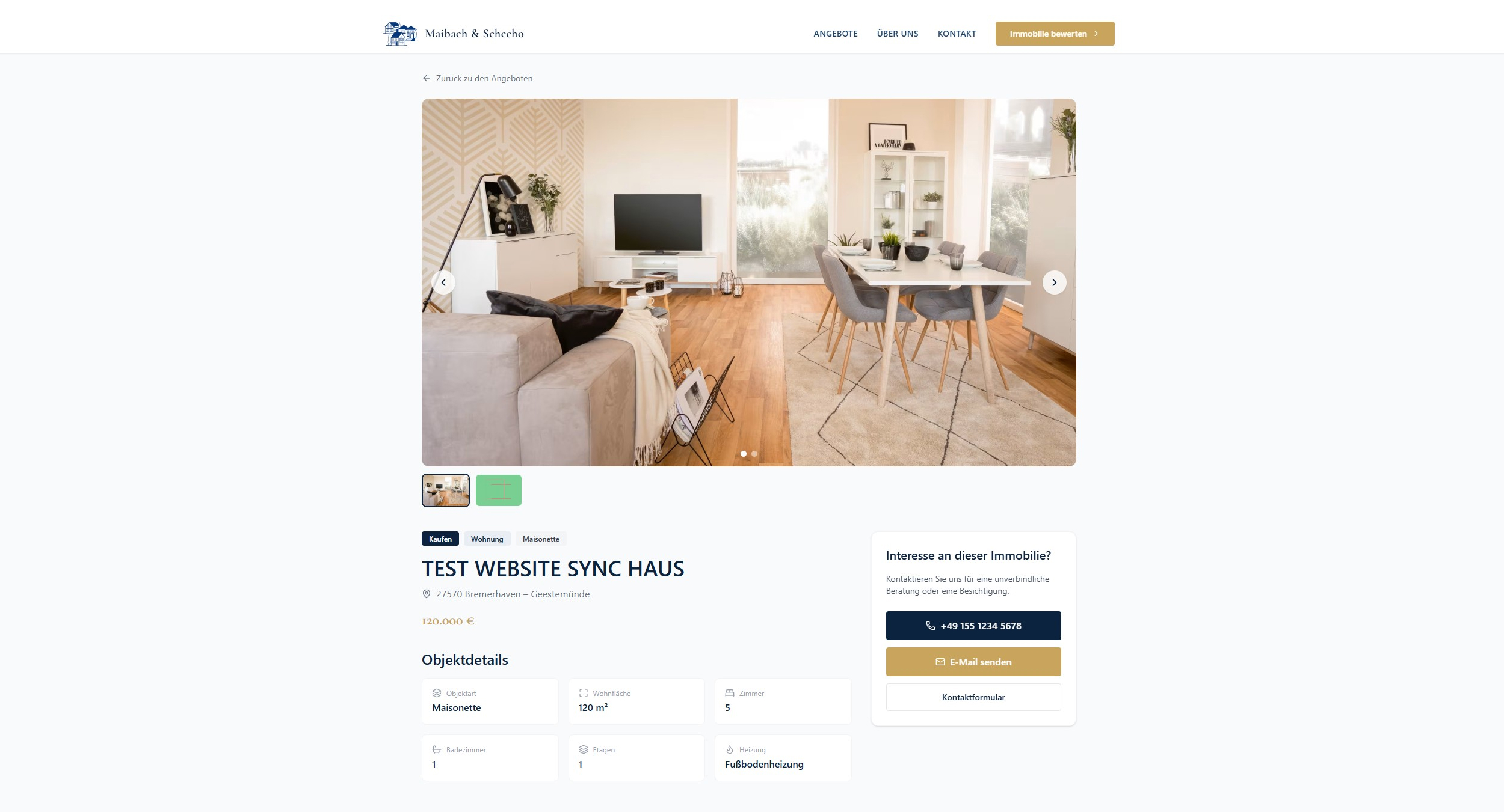 Listing detail page with image gallery, key property facts, and a prominent contact area for inquiries.