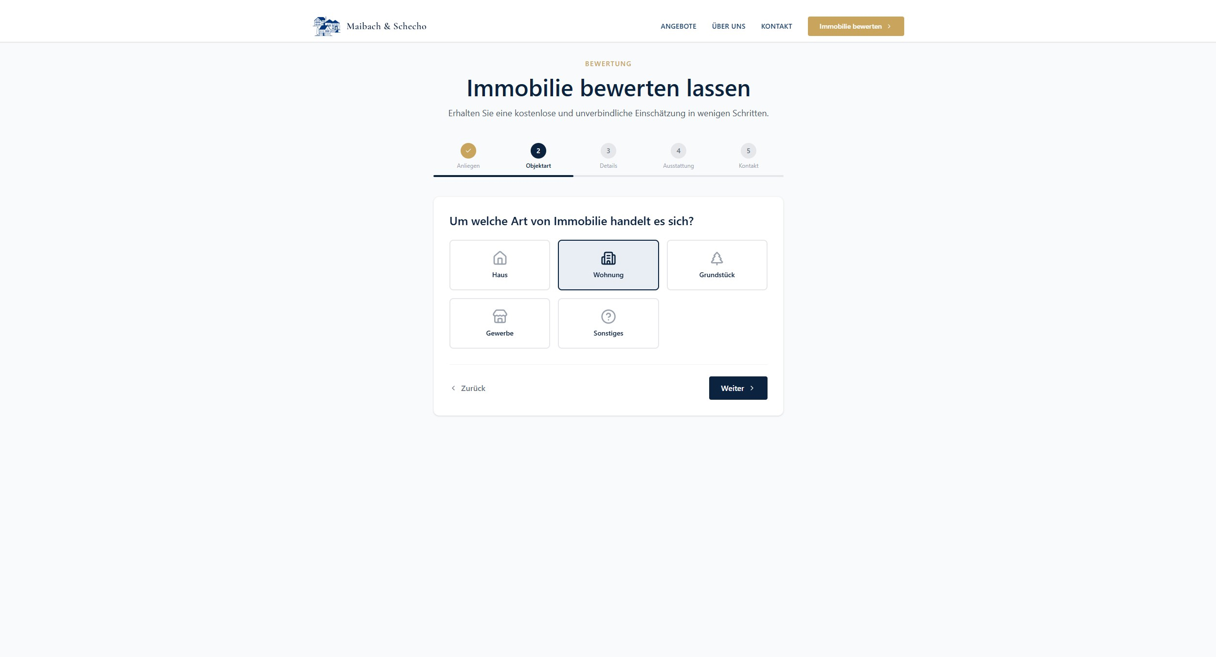 Multi-step valuation form with clear step navigation and a property type selection screen.