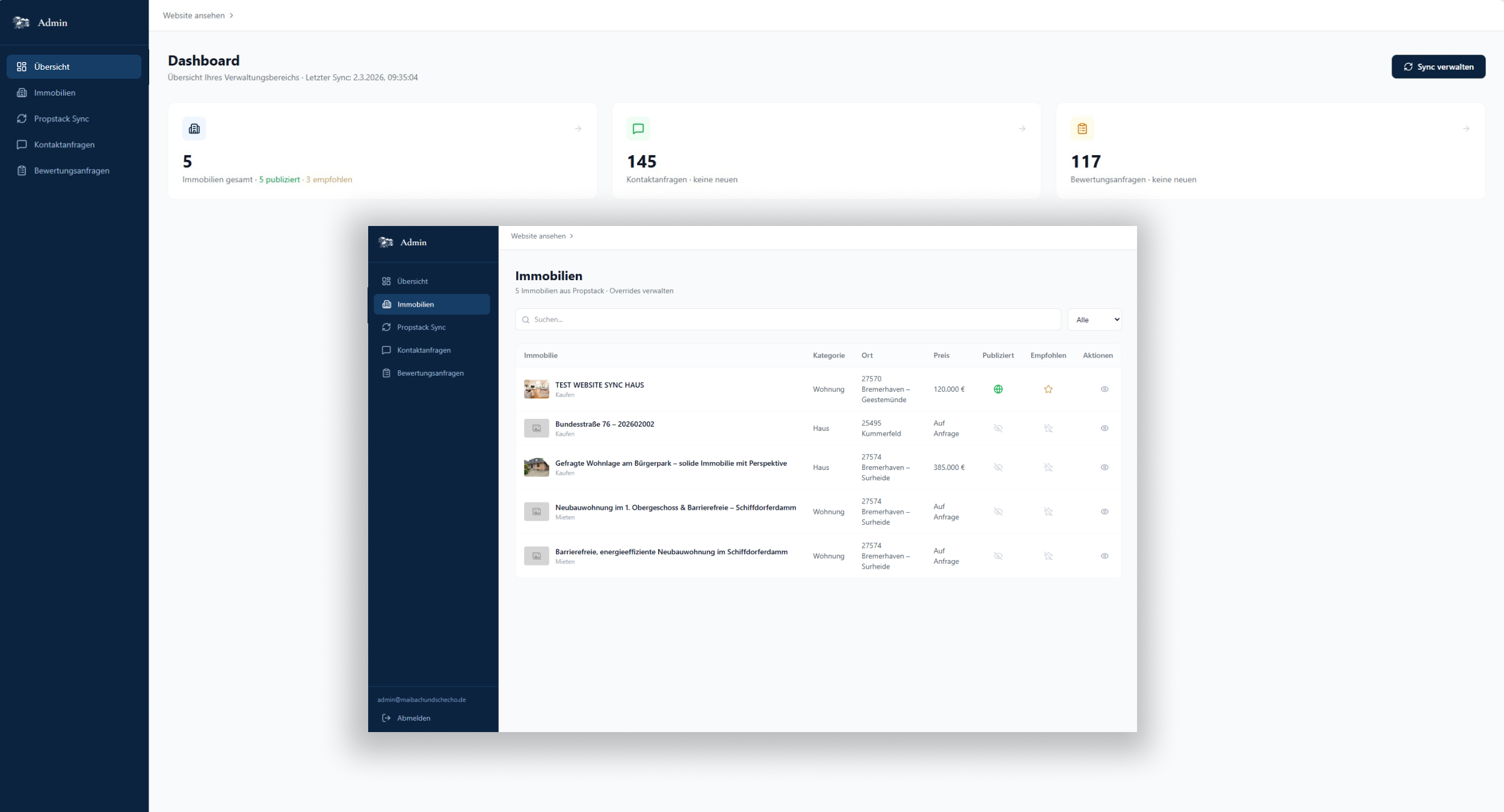 Admin dashboard for managing listings, inquiries, and sync status, including a property overview table.